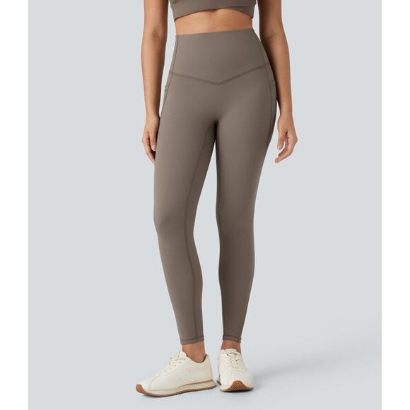 Halara Crossover High Waist 7/8 Leggings w/ Pockets – Taupe Brown – Size L - Picture 1 of 11